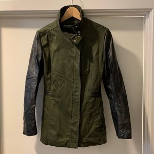 Army Green and Leather Sleeve Moto Jacket